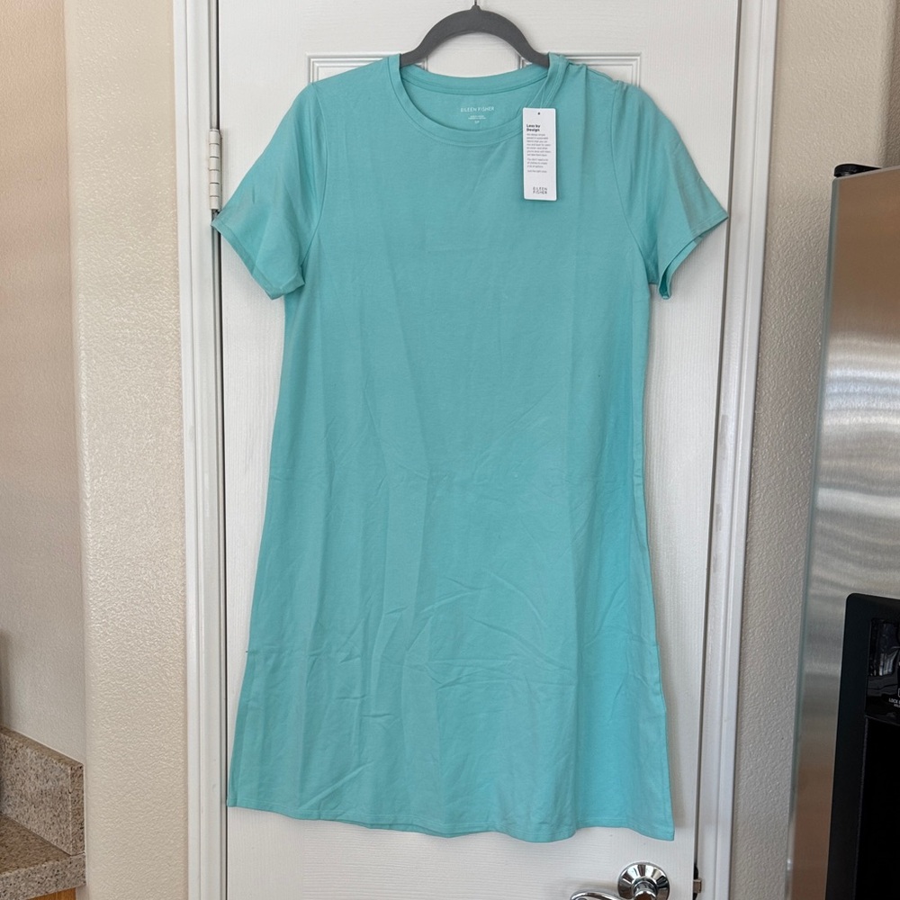 Eileen Fisher Aqua Crew Neck Knee Length Dress Organic Cotton Stretch Jersey